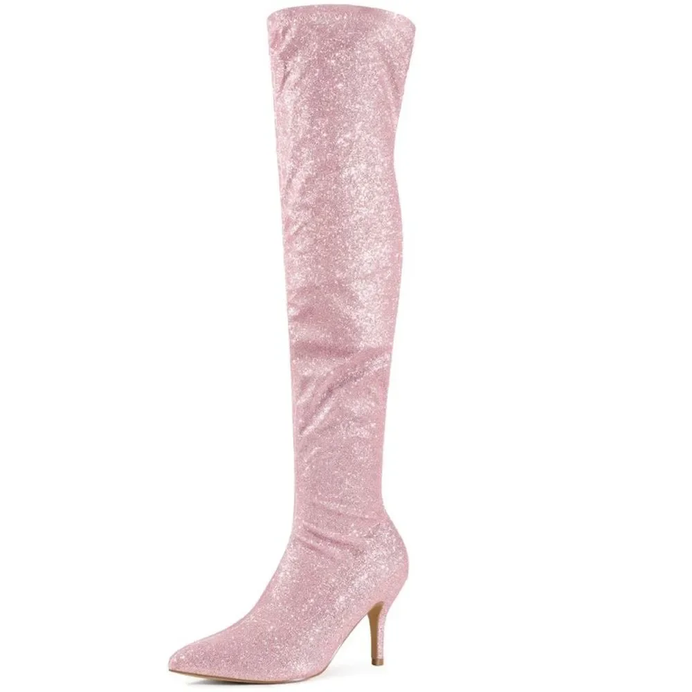 Glitter Pointed Toe Stiletto Heels Pink Over the Knee Boots - Picture 1 of 5
